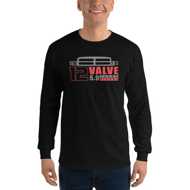12 Valve Second Gen Long Sleeve T-Shirt modeled in black